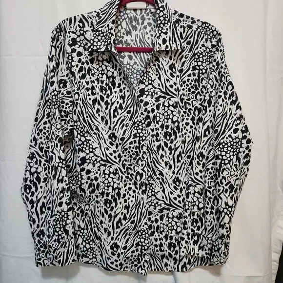 Chicos XL 3 black white leopard animal print cotton no iron blouse LS top blouse - Picture 1 of 6